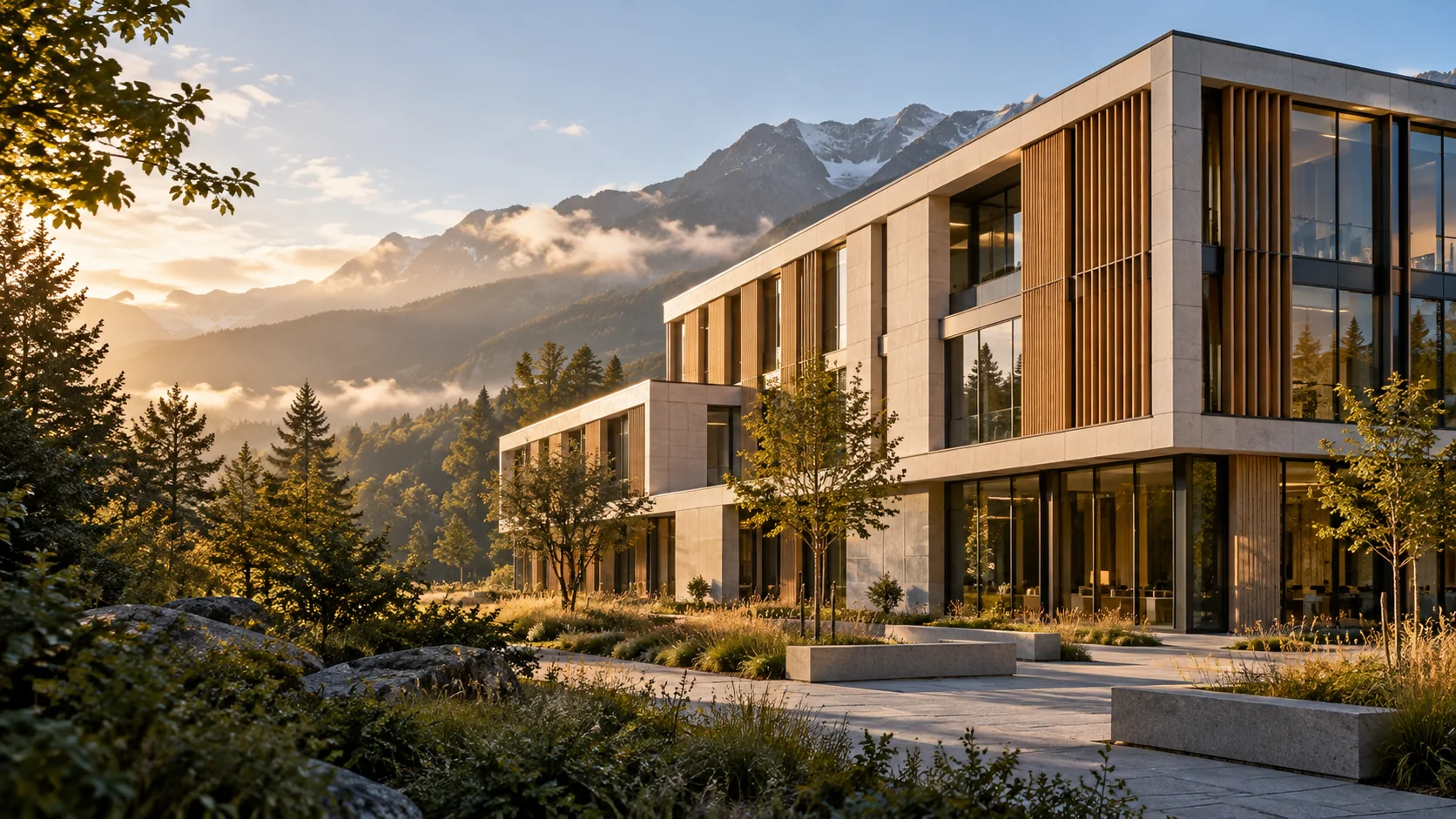 Illustration IA : bâtiment tertiaire contemporain en bois et verre, devant un paysage alpin fictif